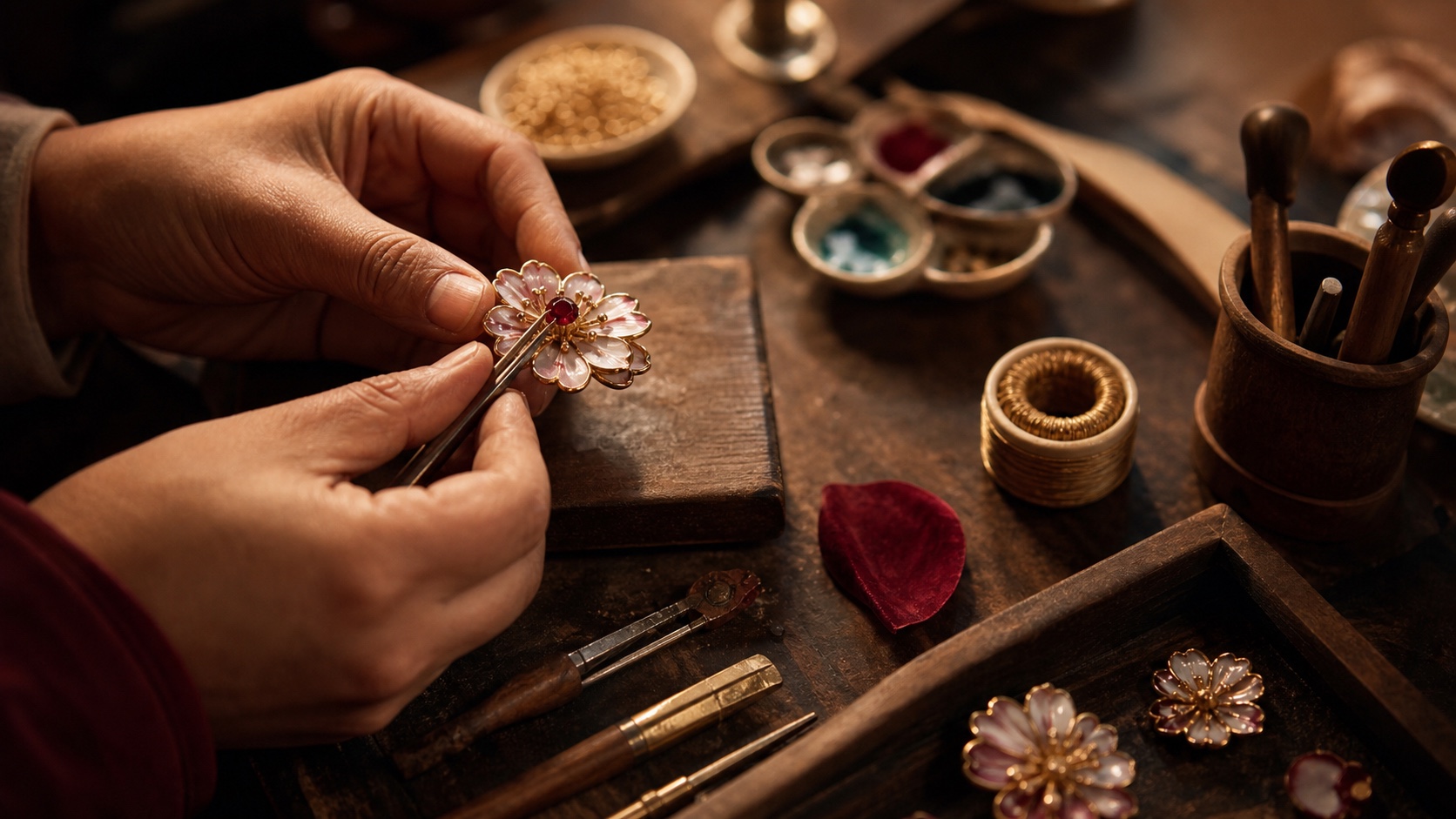 匠人手工制作花形作品的细节
