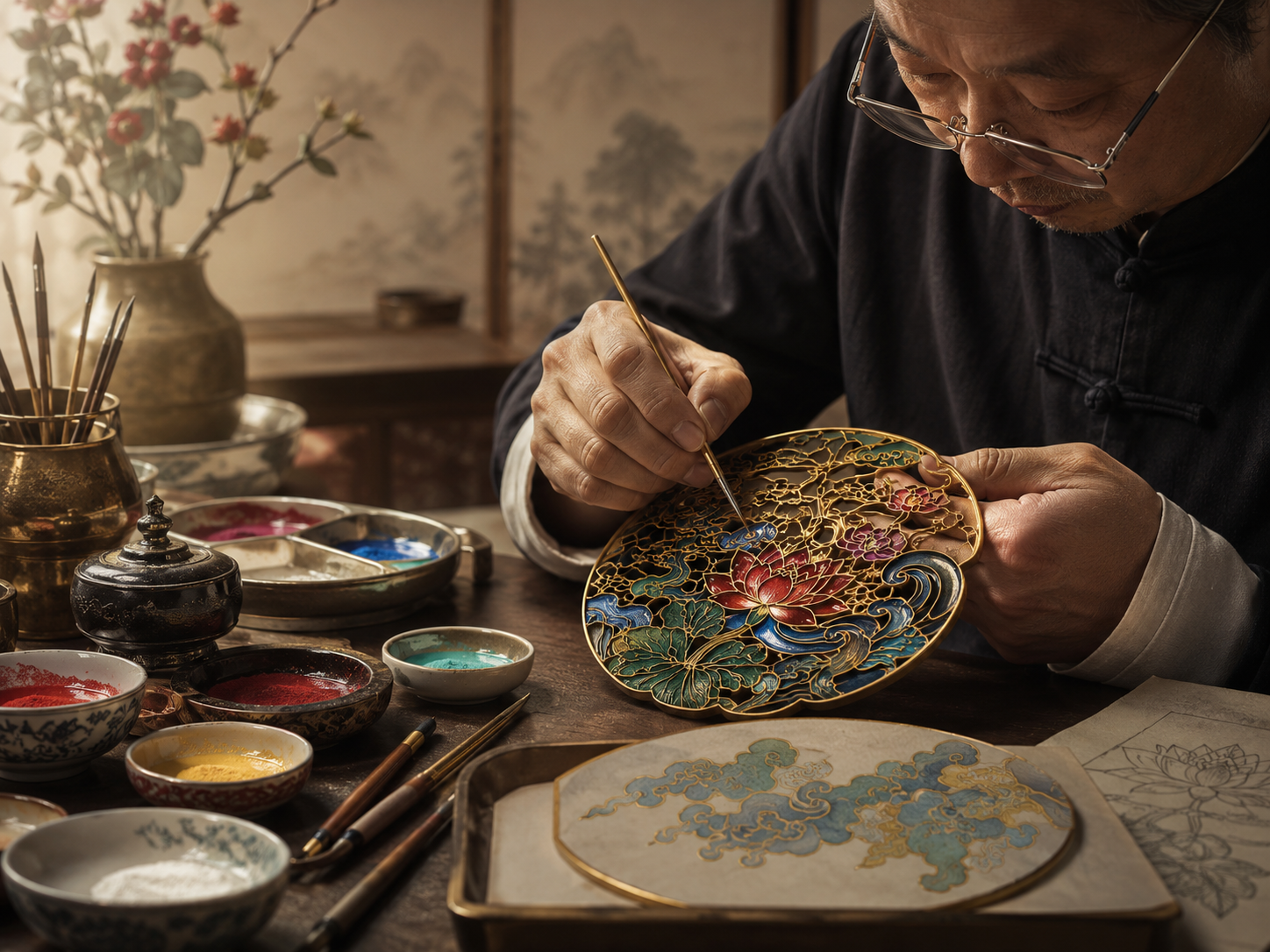 匠人手工填釉制作珐琅作品