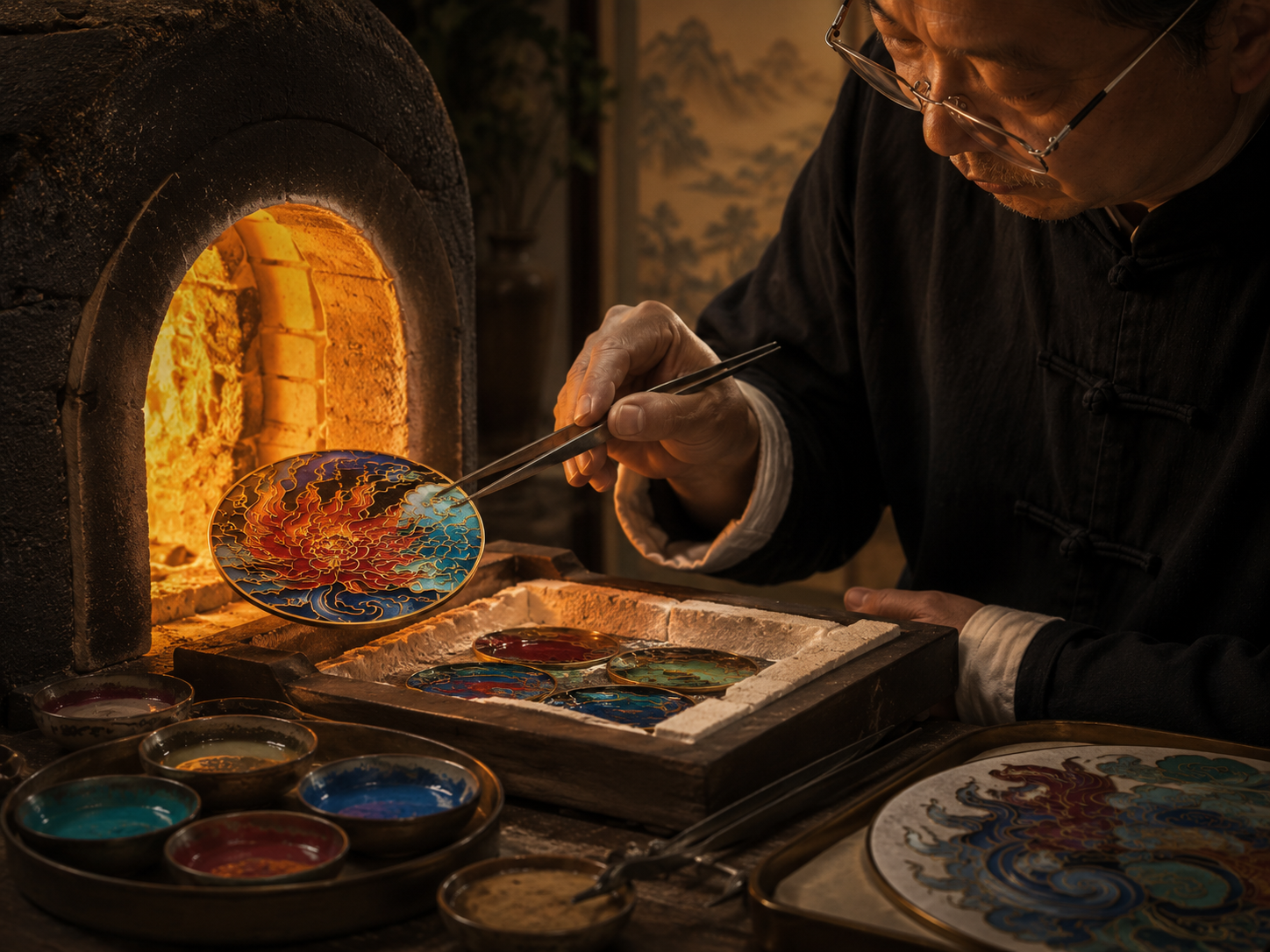 匠人从窑炉旁取出珐琅作品