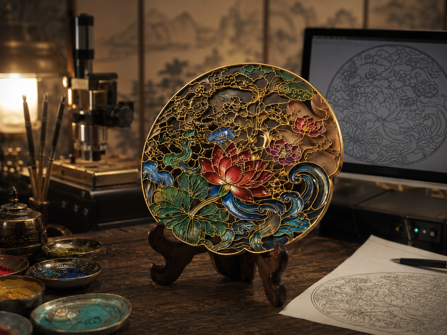 完成后的莲花纹样珐琅作品