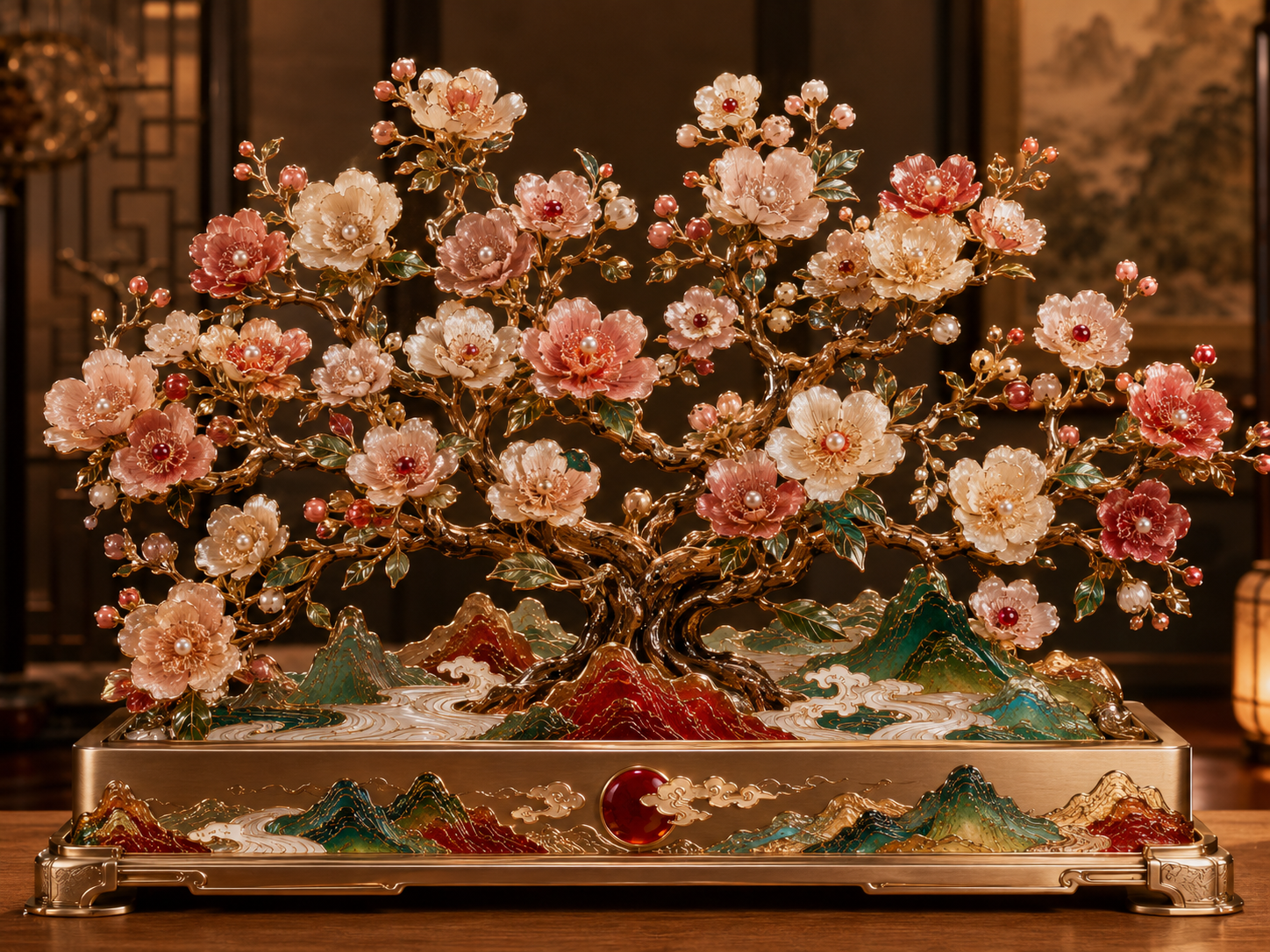 《七十七朵荣华》模块化艺术花树——金属枝干、绒花、珐琅与宝石共构