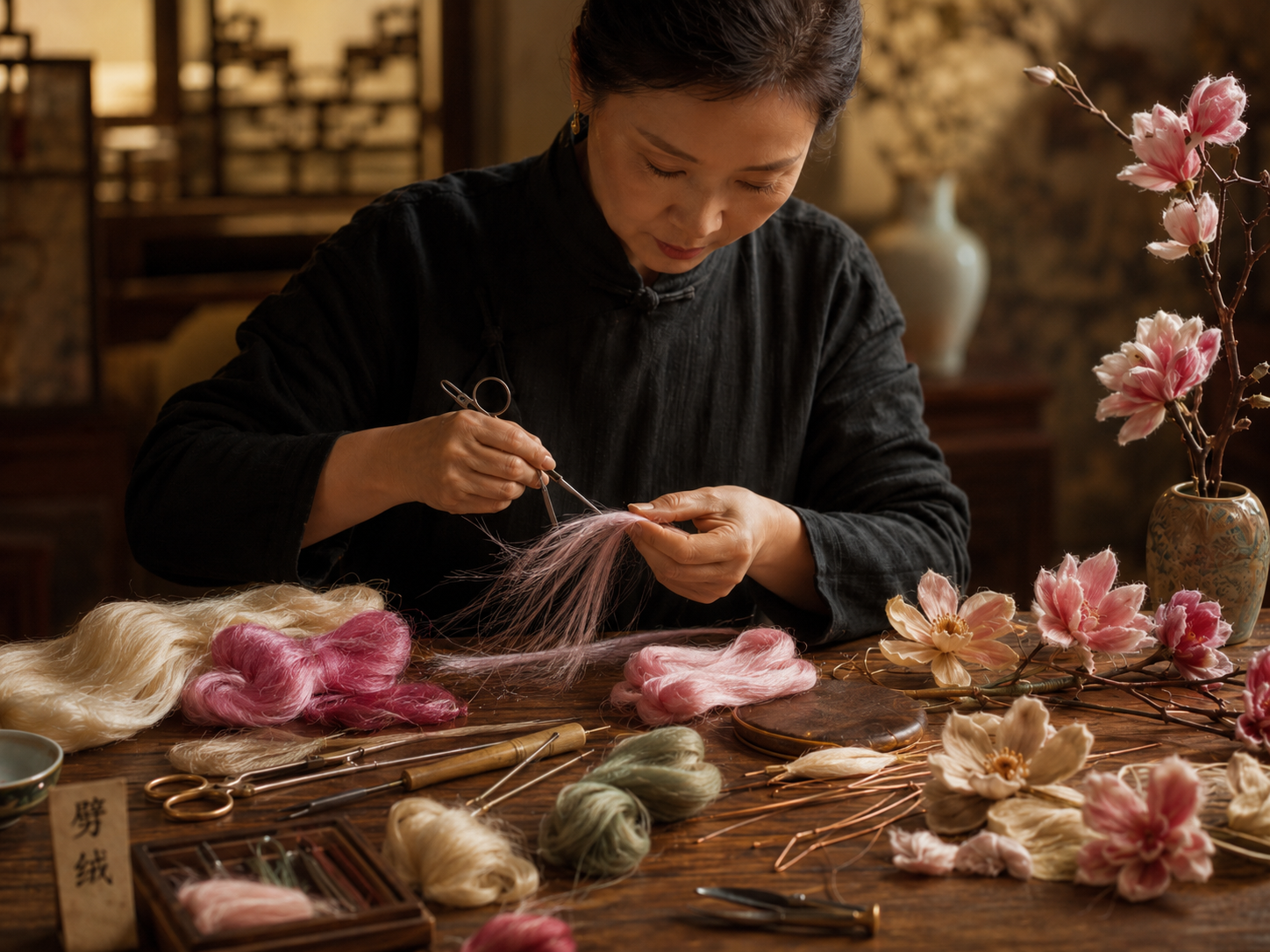 绒花细工作品特写