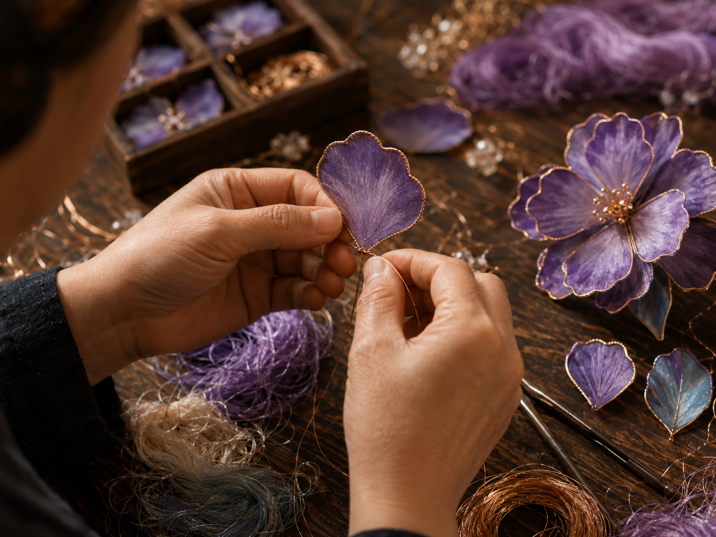 匠人手工制作绒花细节